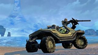 An image of the Warthog vehicle with a Spartan on the turret in the back from the Halo video games.