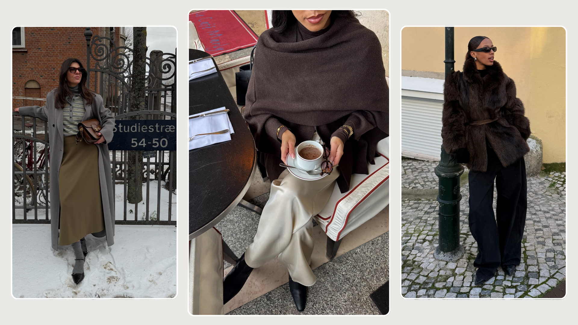 Three fashion people show what to wear in February.