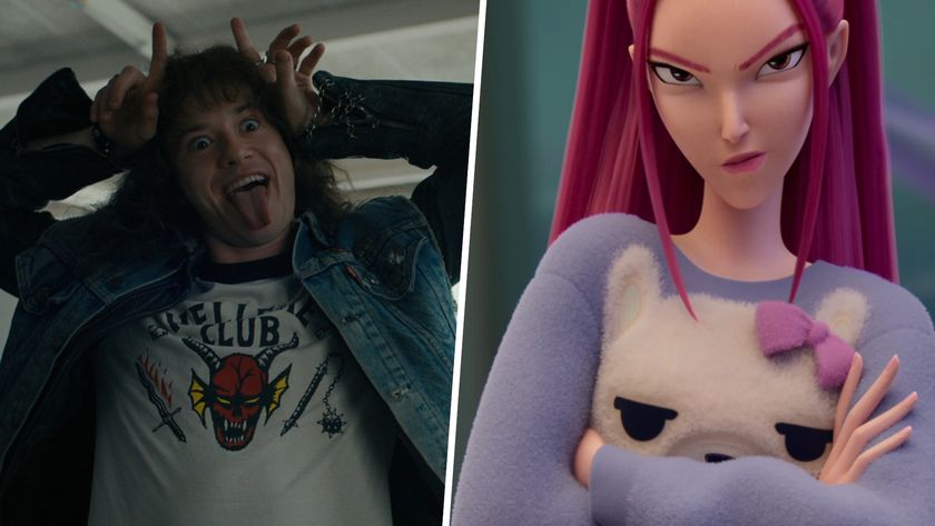 Eddie Munson in a Stranger Things shirt and Mira in a polar bear sweatshirt, divided by a white line