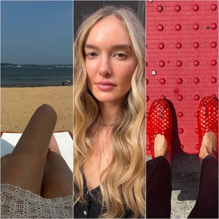 three images left to right: legs lounging on a chair in front of a beach; a woman with long blonde wavy hair; red net flats on a red street sidewalk