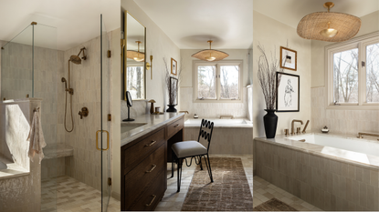 an airy neutral bathroom with natural materials, marble tiles, and bronze accessories, and a rattan light fitting above a built in bath