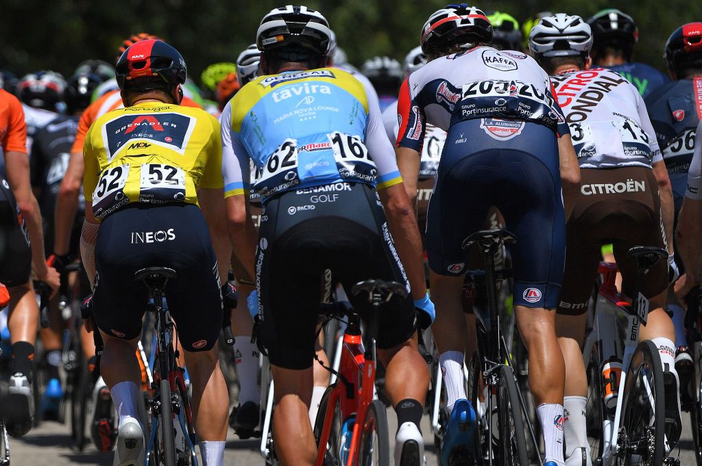 ALTO DO MALHO LOUL PORTUGAL MAY 09 Ethan Hayter of United Kingdom and Team INEOS Grenadiers Yellow Leader Jersey Alejandro Manuel Marque Porto of Spain and Team Atum General Tavira Maria Nova Hotel Marvin Scheulen of Portugal and Team L A Aluminios L A Sport Anthony Jullien of France and AG2R Citroen Team during the 47th Volta Ao Algarve 2021 Stage 5 a 1701km stage from Albufeira to Alto do Malho 510m Loul VoltAlgarve VAlgarve2021 on May 09 2021 in Alto do Malho Loul Portugal Photo by Luc ClaessenGetty Images