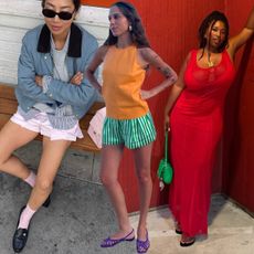 A collage of women wearing color-blocked summer outfits.