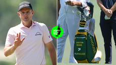 Justin Rose waves to the crowd, with a close up of his bag