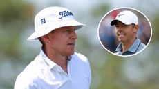 Main image of Peter Malnati looking on with Rory McIlroy smiling (inset - top right)