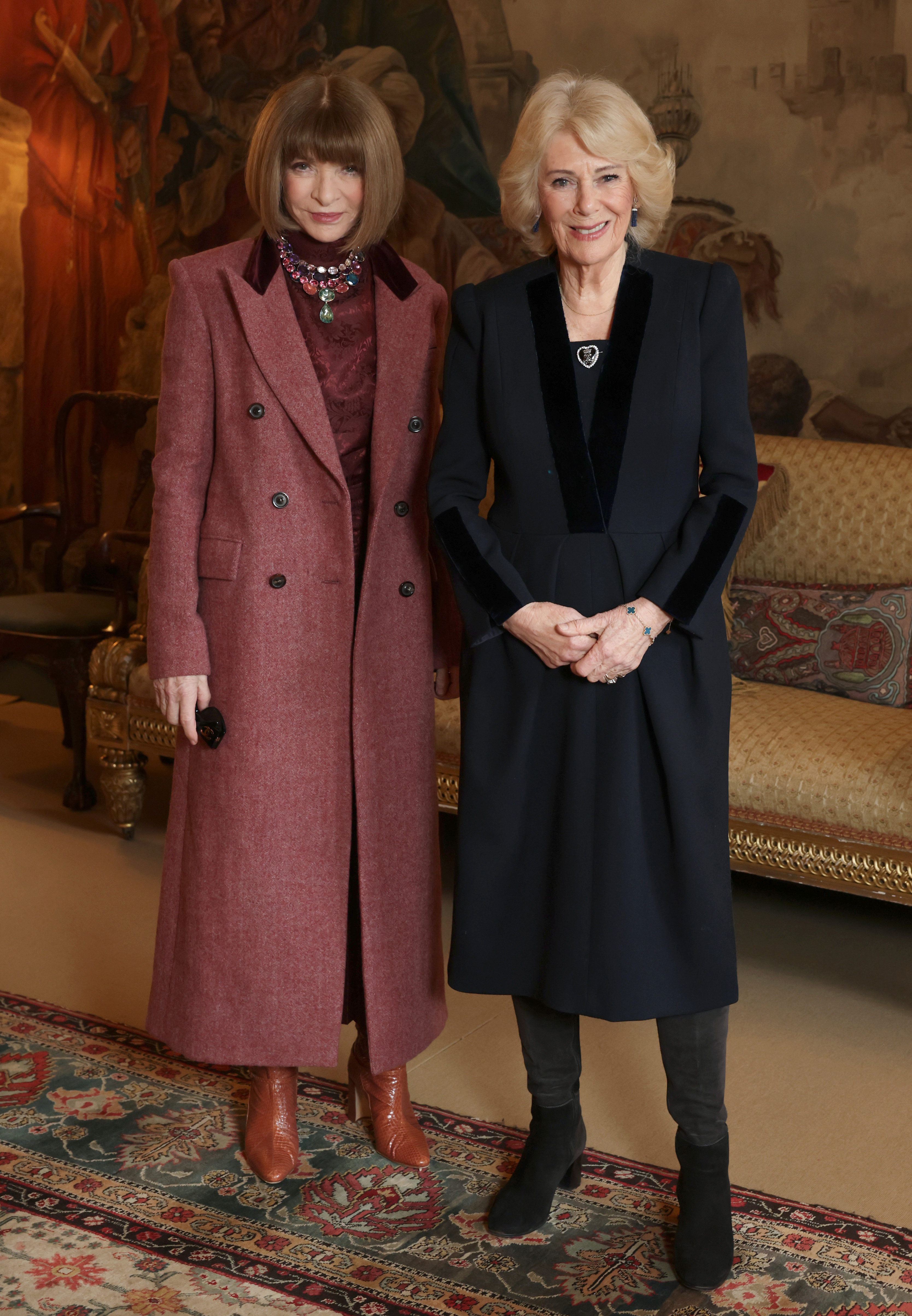 LONDON, ENGLAND - FEBRUARY 19: Queen Camilla (R) meets Dame Anna Wintour on February 19, 2026 in London, England. (Photo by Chris Jackson/Getty Images)