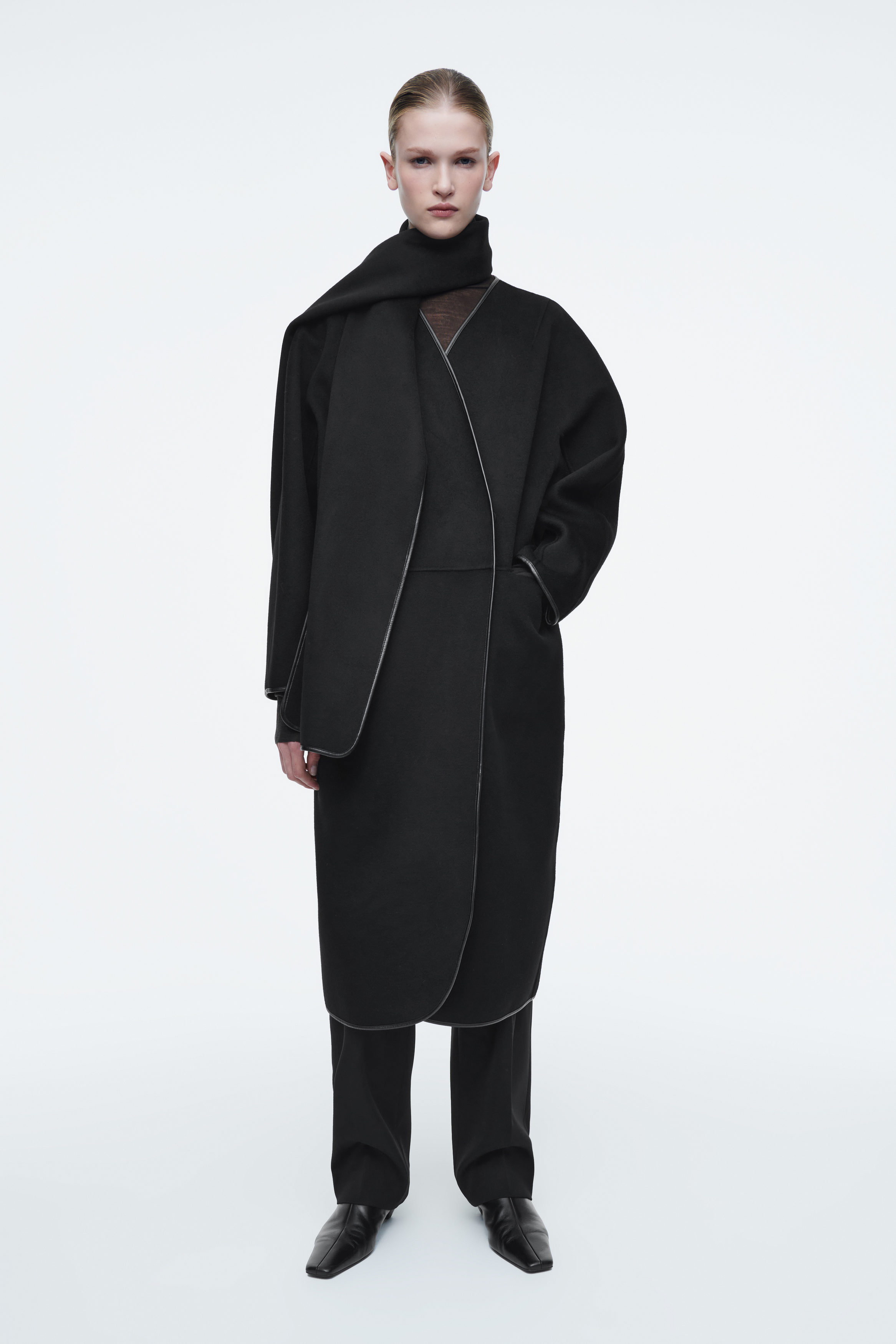 Leather-Trimmed Wool Scarf Long Coat