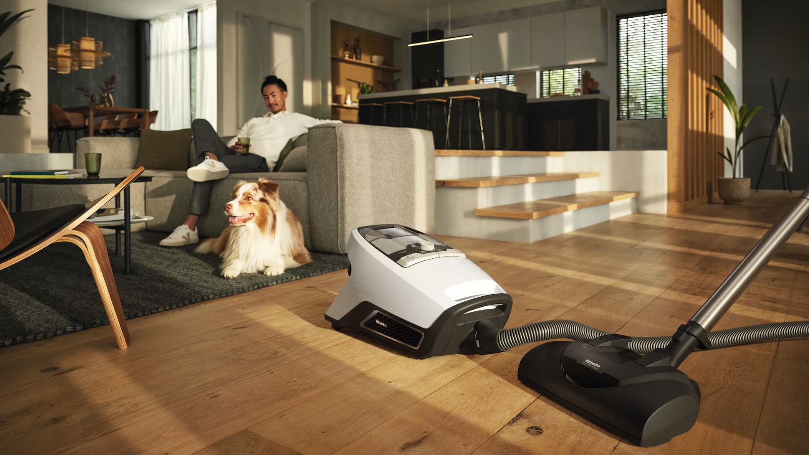 Miele Blizzard CX1 canister vacuum cleaner on wooden floor, pictured in front of open-plan living space with a person and a large dog sat on a gray sofa. Also pictured is a black rug, steps leading up to a kitchen and wooden ornaments.