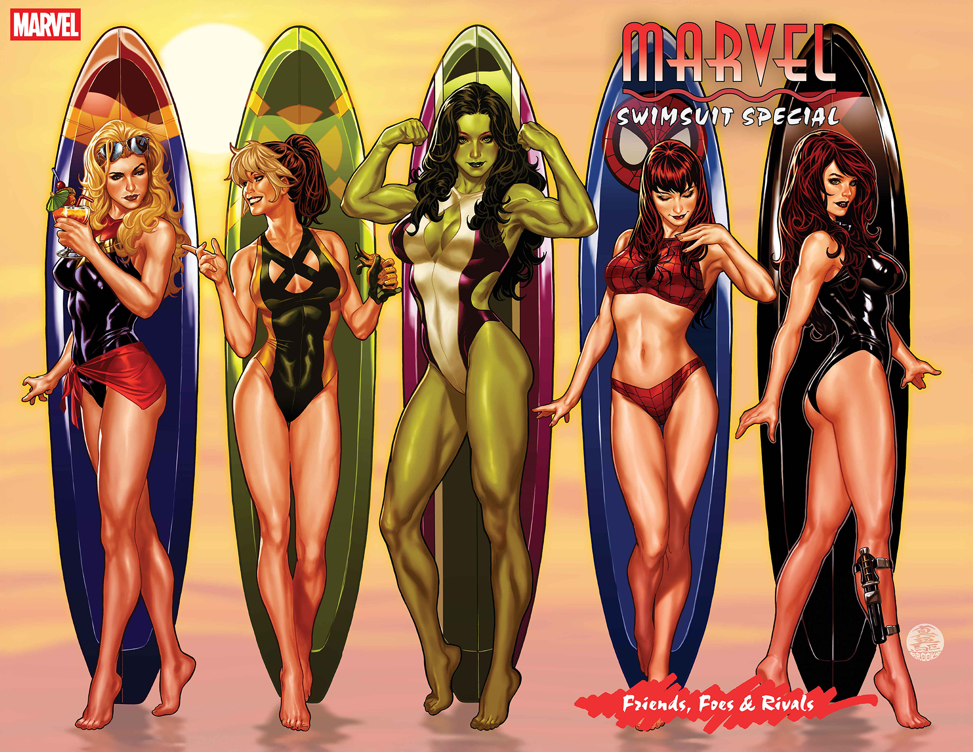 Carol Danvers, Rogue, She-Hulk, Mary Jane Watson, and Black Widow posing in swimsuits next to themed surfboards