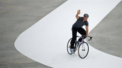 Sir Chris Hoy takes his first laps on London's Olympic velodrome