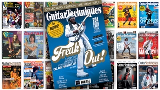 The latest and last issue of Guitar Techniques, on a collage of issues from the archive