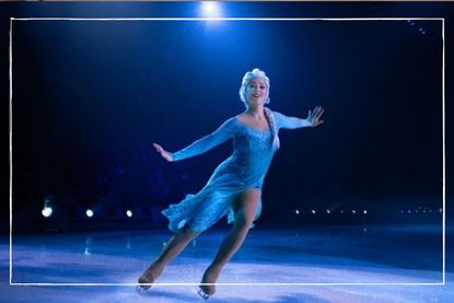 A woman dressed up as Elsa prom Frozen ice skating