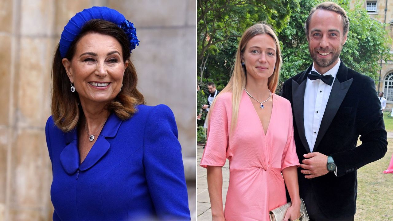 Composite of Carole Middleton at the coronation in 2023 and Alizee Thevenet and James Middleton at a Bulgari gala dinner in 2022