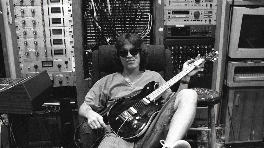 Eddie Van Halen, pictured seated in a chair at 5150 Studios