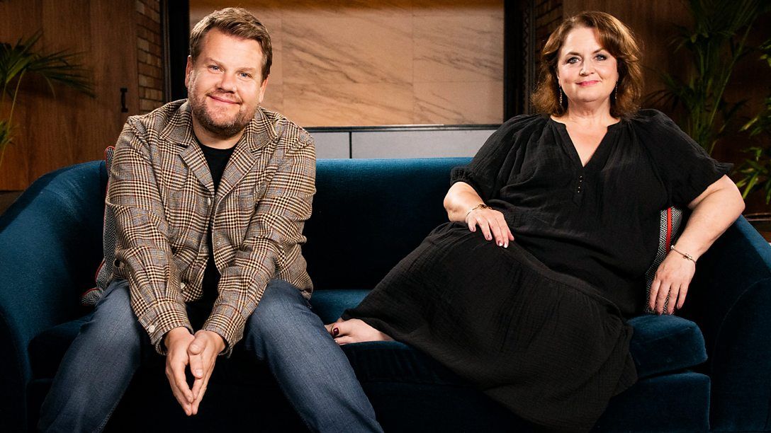 James Corden sits on the sofa next to Ruth Jones ahead of their BBC documentary Gavin &amp; Stacey: A Fond Farewell