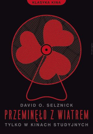 Drawing of a red 3 blade desk fan against a black background with Polish text under the fan