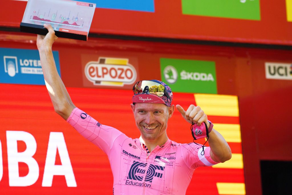 CORDOBA SPAIN AUGUST 26 Magnus Cort Nielsen of Denmark and Team EF Education Nippo celebrates winning the stage on the podium ceremony after the 76th Tour of Spain 2021 Stage 12 a 175 km stage from Jan to Crdoba lavuelta LaVuelta21 on August 26 2021 in Cordoba Spain Photo by Tim de WaeleGetty Images