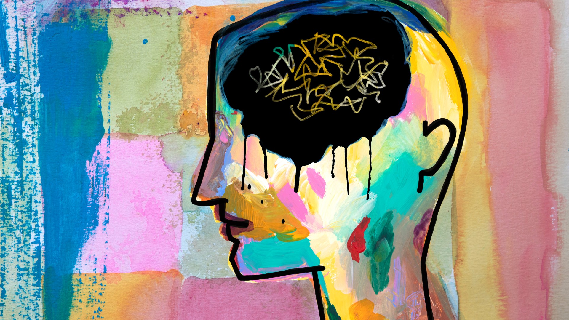 A colorful conceptual image showing the outline of a person's head with their brain colored black and dripping like paint to symbolize pain