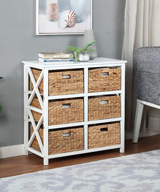 A six drawer set of storage drawers with wicker baskets