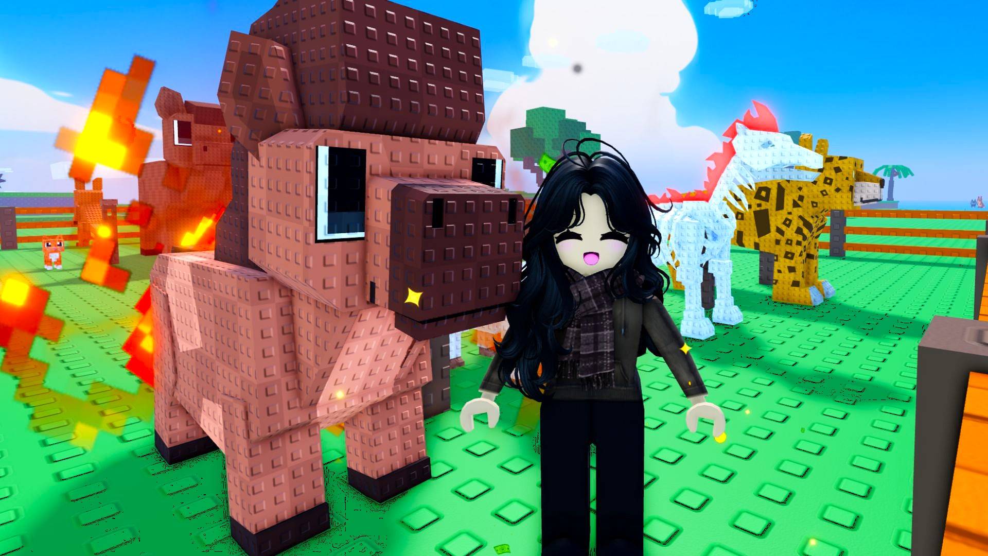 A Roblox player standing beside a big horse in the game Catch and Tame