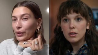 Hailey Bieber and Millie Bobby Brown in a side-by-side photo.