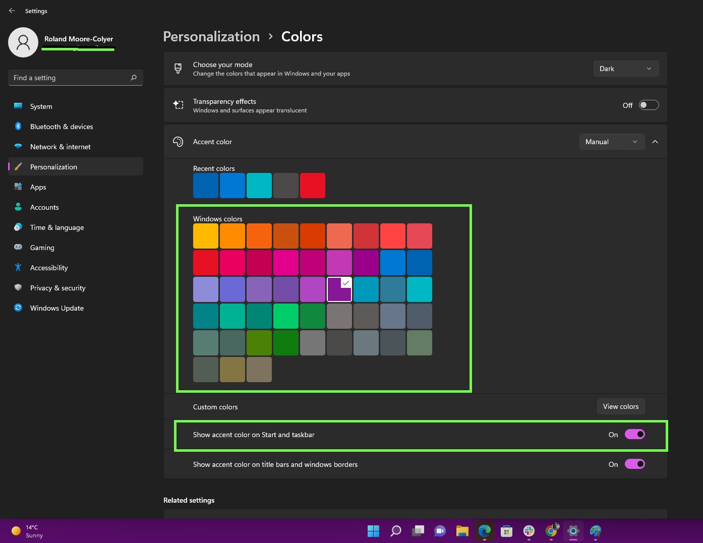 Picture to customize Windows 11 with dark mode colors
