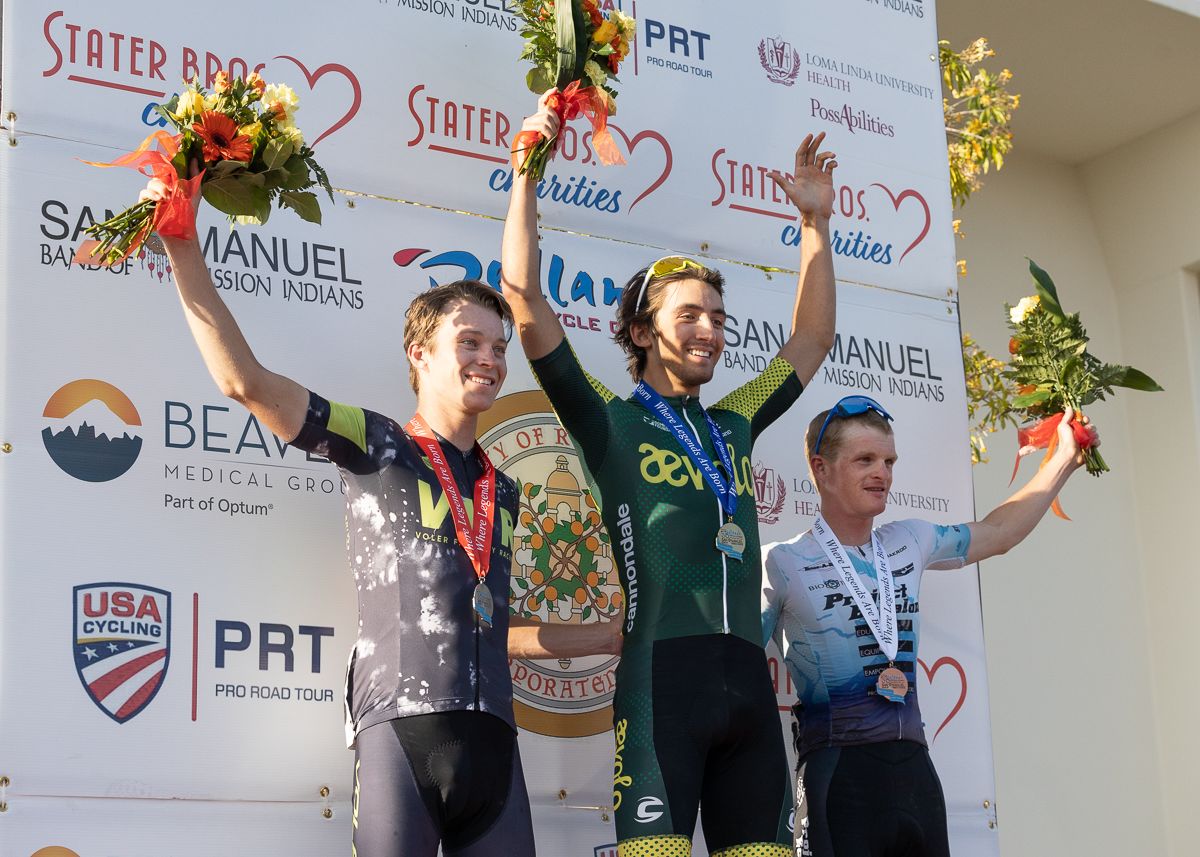 Stage podium, Jared Scott (Aevolo Cycling) 1st. Cole Davis (Voler Factory Racing/Composite), Tyler Stites (Project Echelon Racing) 3rd.