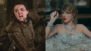 Maisie Williams swinging a sword in the final season of Game of Thrones and Taylor Swift sitting in a bathtub of diamonds in the Look What You Made Me Do music video.