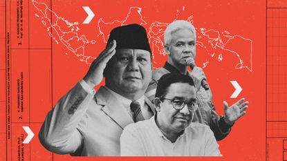 Photo composite of Prabowo Subianto, Anies Baswedan, Ganjar Pranowo, voting forms and a map of Indonesia