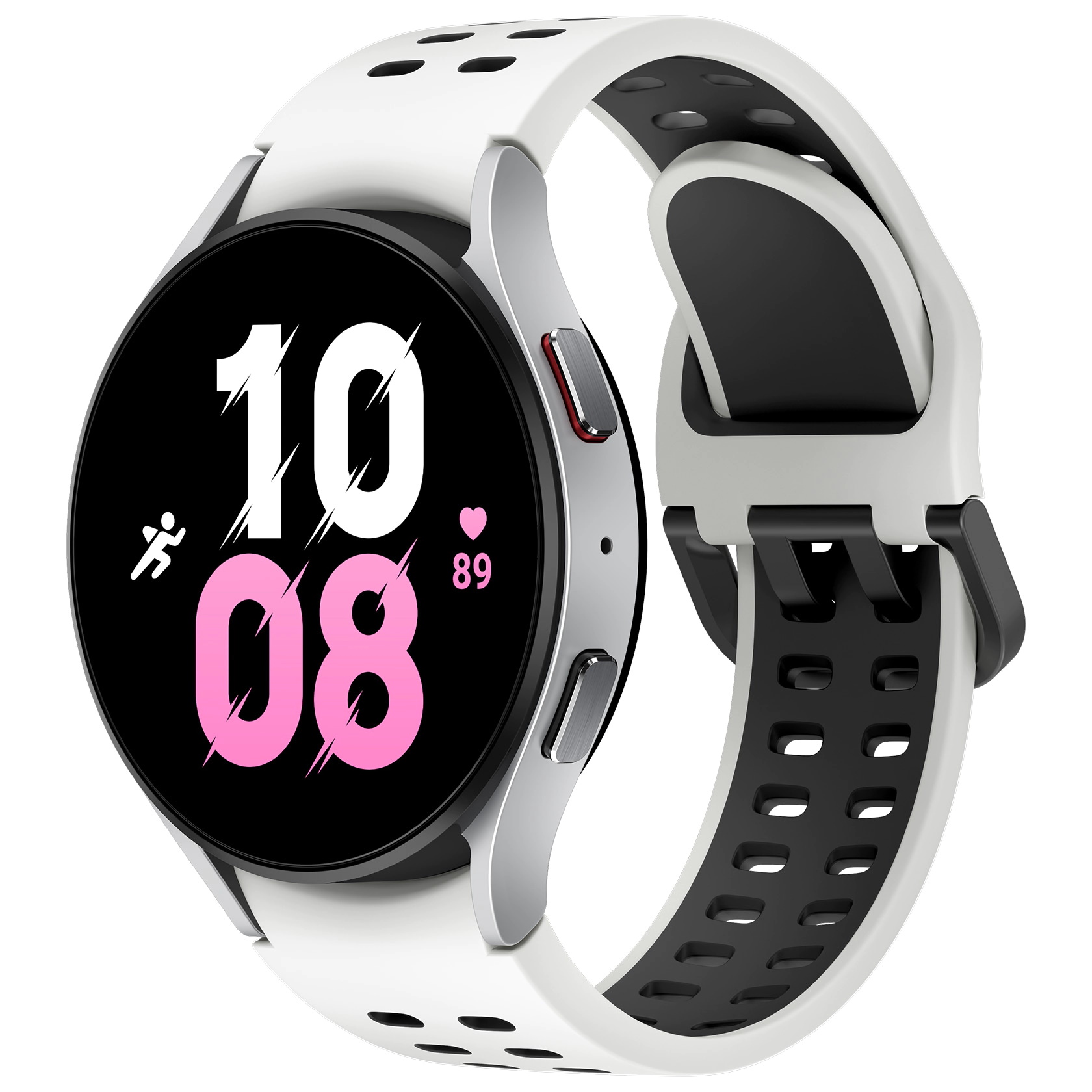 „Samsung Galaxy Watch 5“ su sidabriniu dėklu ir balta/juoda „Extreme Sport“ apyranke
