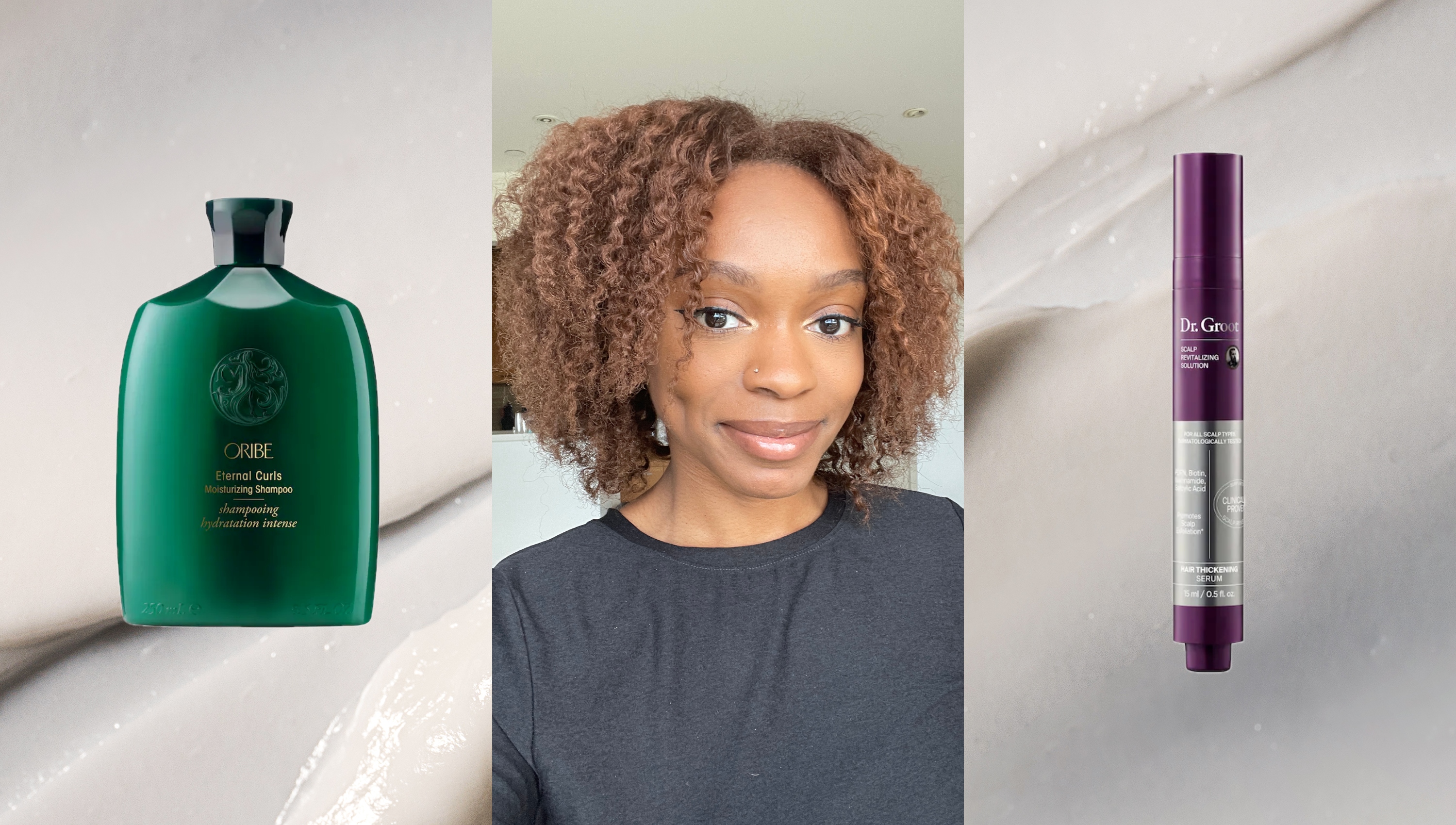 a silver background with a woman with brown curly hair next to two haircare products