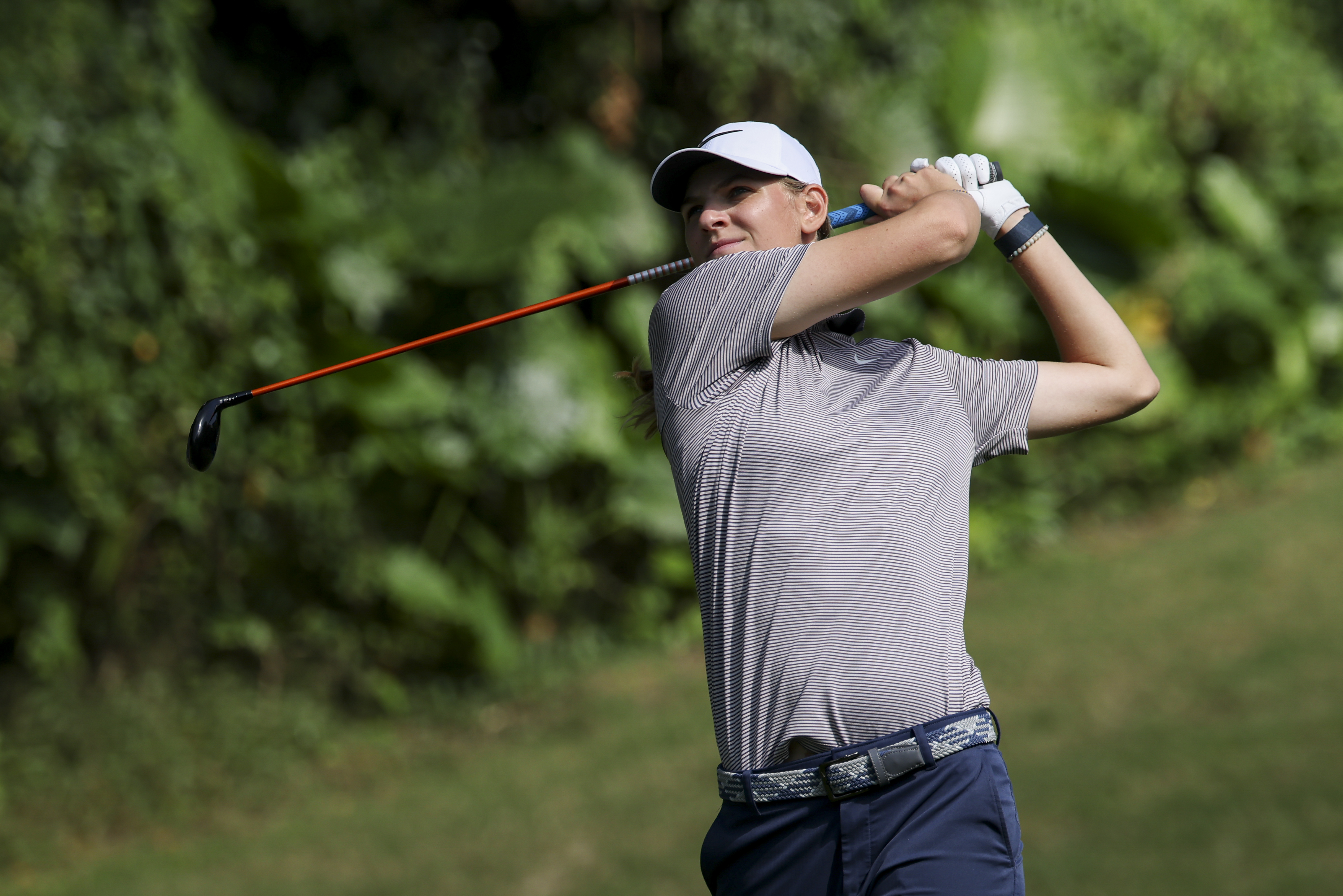 Helen Briem hits a tee shot with a fairway wood