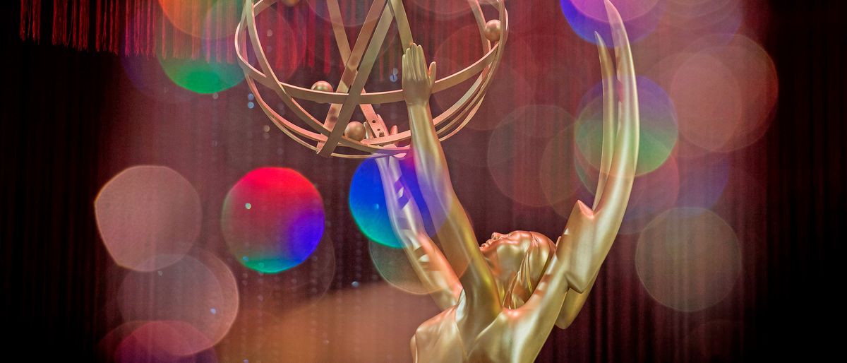 This double exposure shows the Emmy Awards statue during the 71st Emmy Awards Governors Ball press preview in Los Angeles, California on September 12, 2019. - The 71st Primetime Emmy Awards will be held on September 22, 2019.