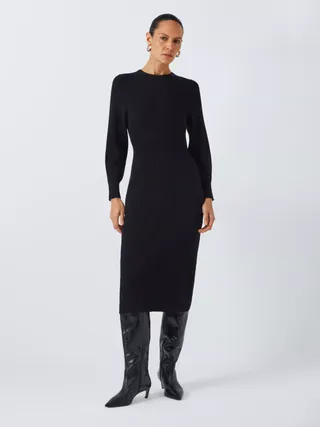 John Lewis Rib Knit Long Sleeve Midi Dress, Black