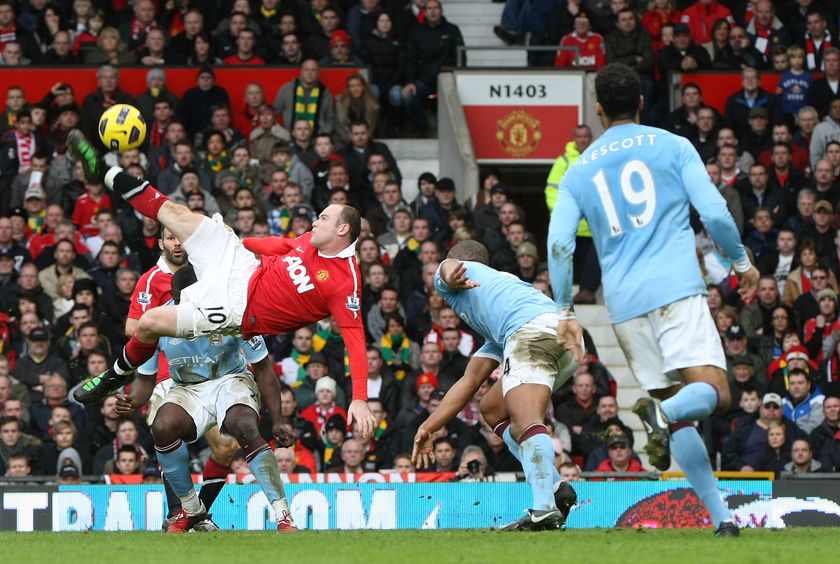 Wayne Rooney scores an overhead kick for Manchester United against Manchester City in February 2011.