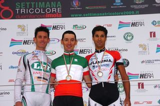 The men's time trial podium: Gabriele Bosisio (LPR Brakes-Farnese Vini), Marco Pinotti (Columbia-Highroad) and Maurizio Biondi (Ceramica Flaminia-Bossini Docce)