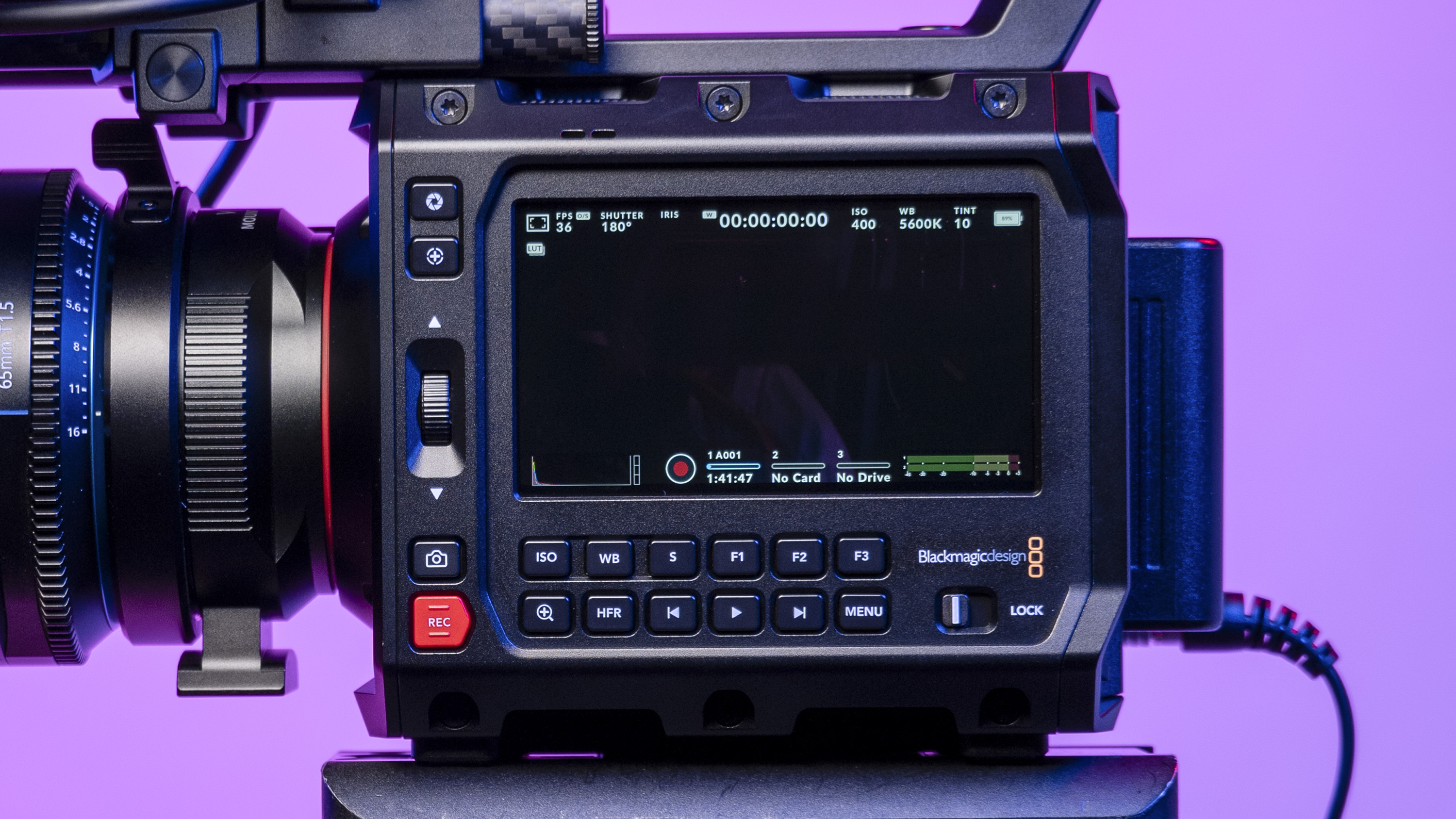 Closeup of the Blackmagic Pyxis 6K camera's monitor, in the studio with a vibrant magenta background