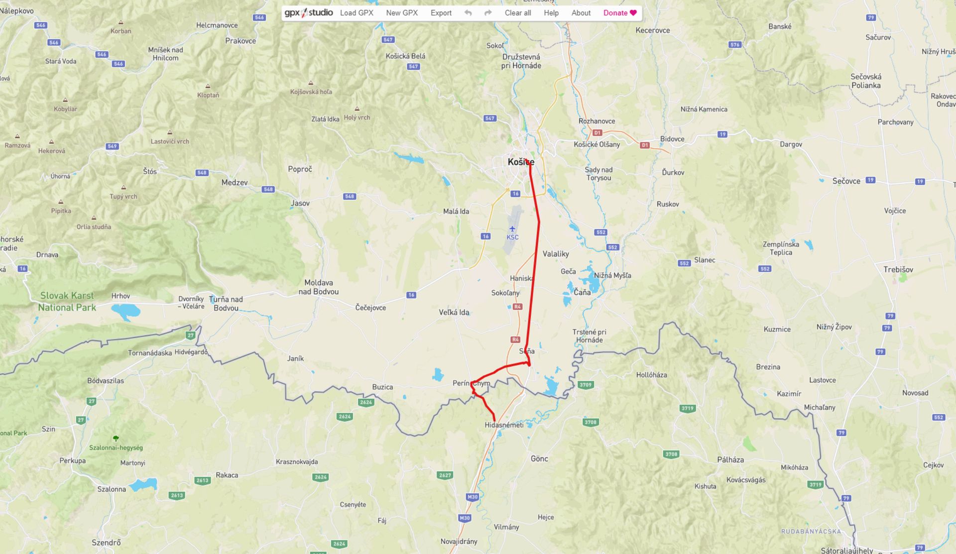 Image shows the route on day 3 from Hidasnémeti to Košice