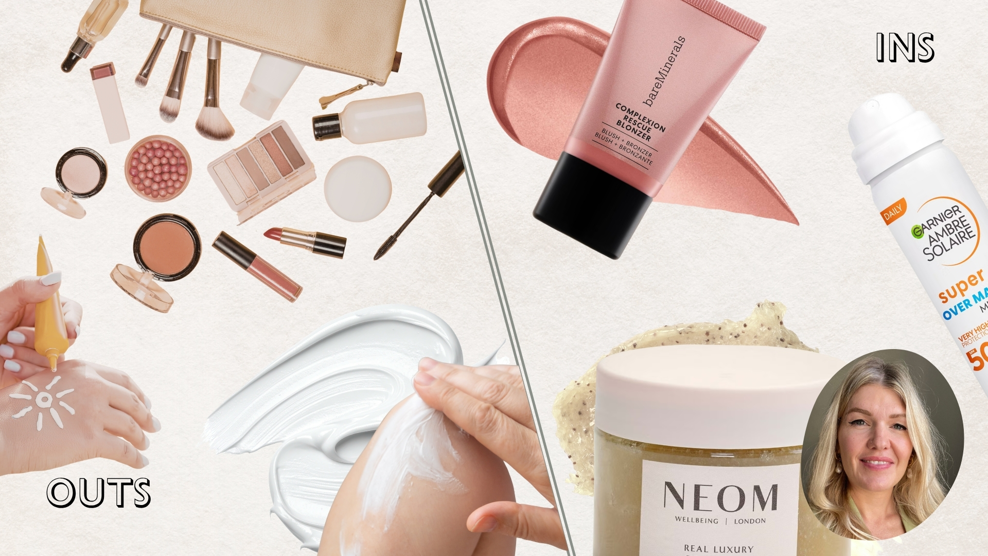 Fiona's ins and outs for spring. On the left, Fiona's outs include excess makeup routines, dry skin and neglecting SPF applications. On the right, Fiona's ins include body scrub, blonzer and SPF spray.