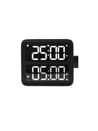 A black, retro-inspired alarm clock with white lettering.