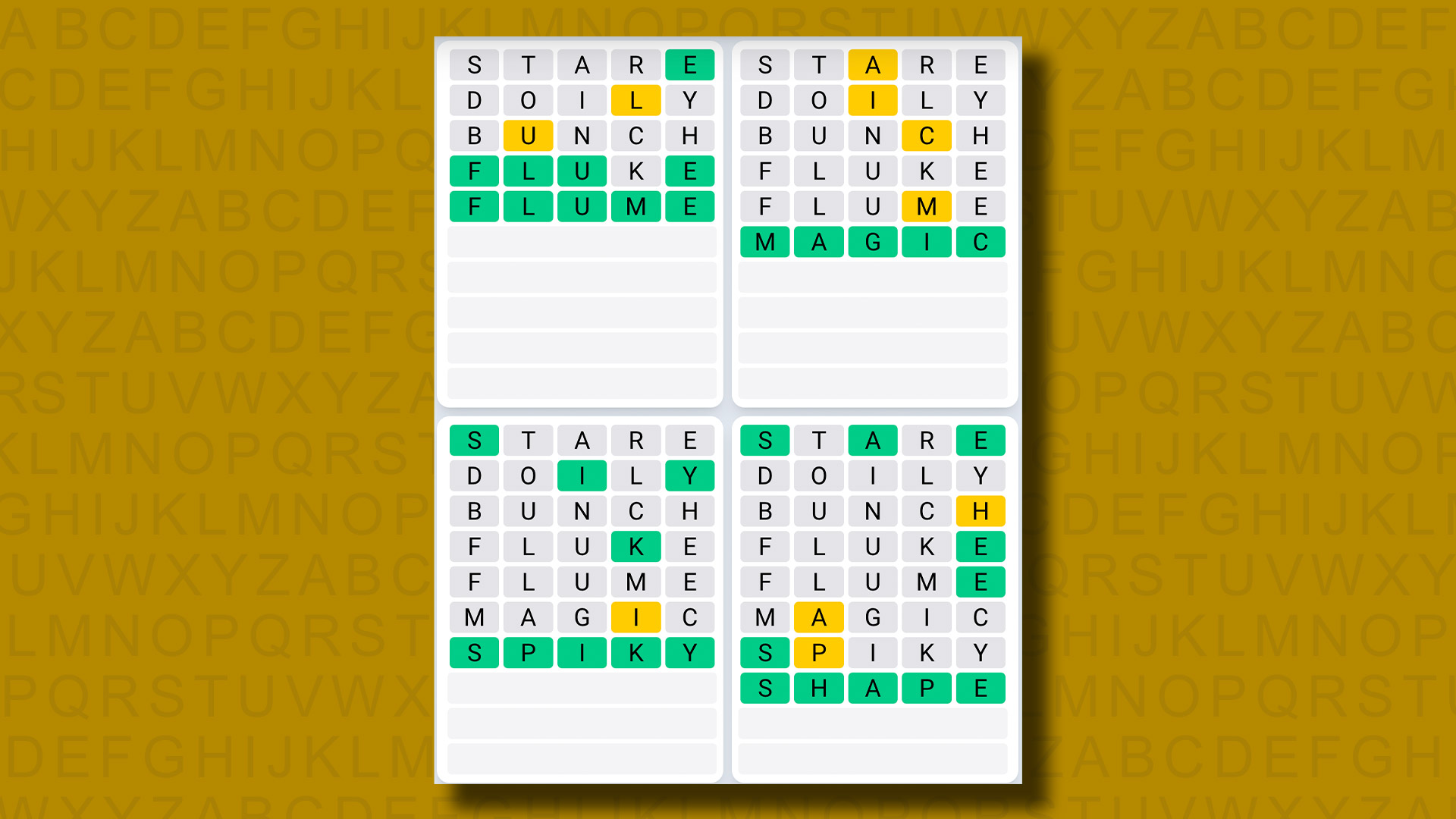Respuestas del juego Quordle Daily Sequence para el juego 898 sobre un fondo amarillo