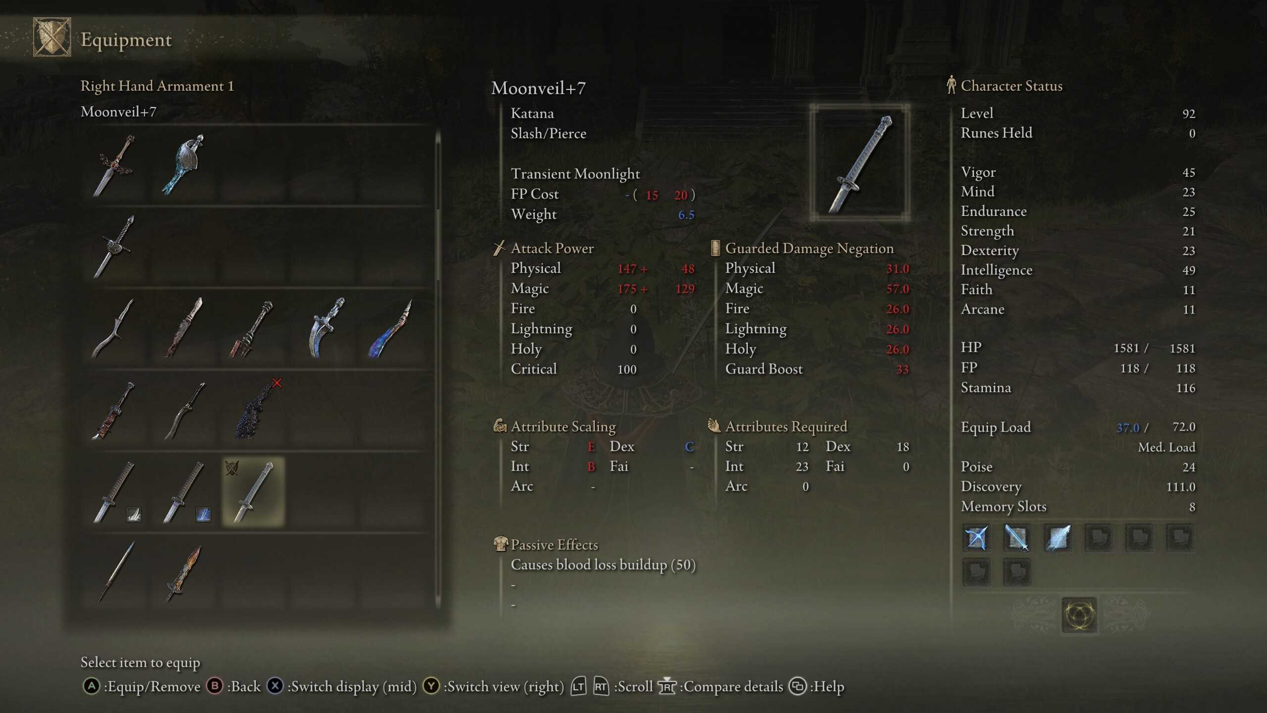 Elden Ring Moonveil weapon stats screen