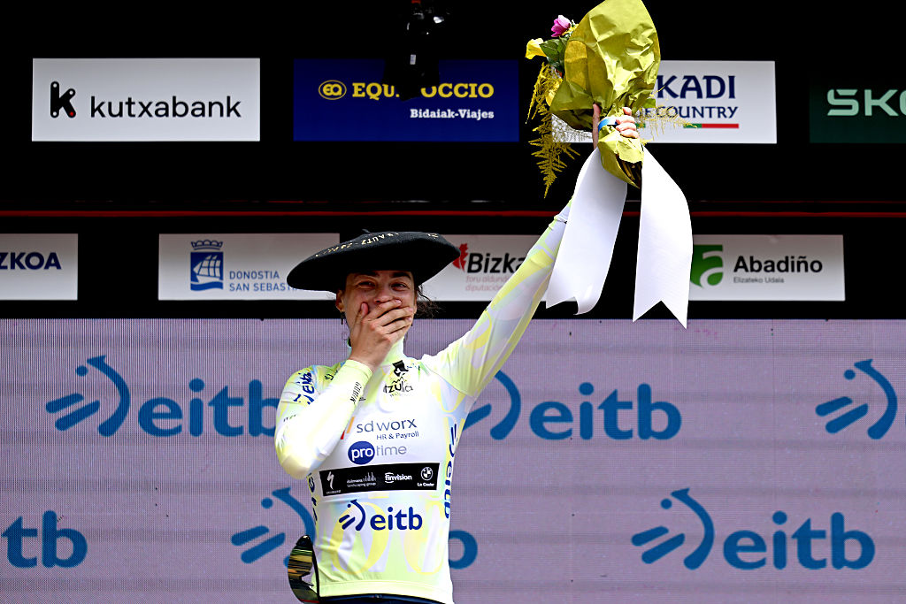 Mischa Bredewold (SD Worx - Protime) celebrates on the podium after winning the general classification at the 5th Itzulia Women 2026, in San Sebastian, Spain. (Photo by Szymon Gruchalski/Getty Images)