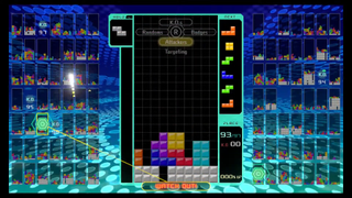 A Tetris board with many small opponents' boards to the left and right