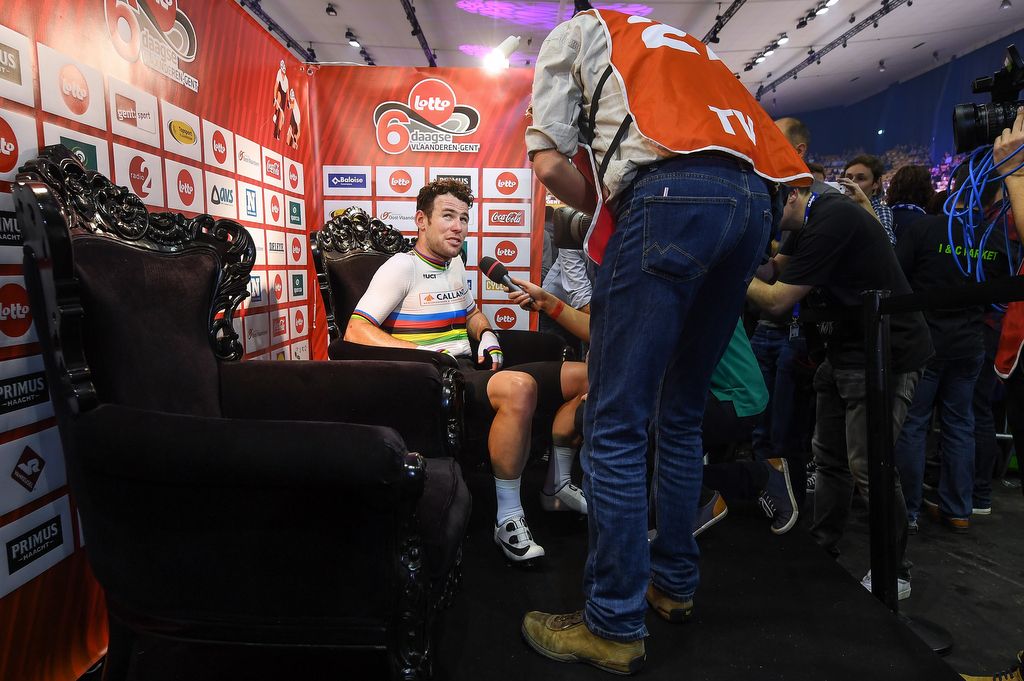 Interview time for Mark Cavendish in-between the racing