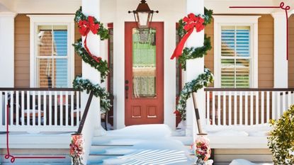inviting festive front door with snow on the porch with garlands and light outdoor Christmas decorating ideas