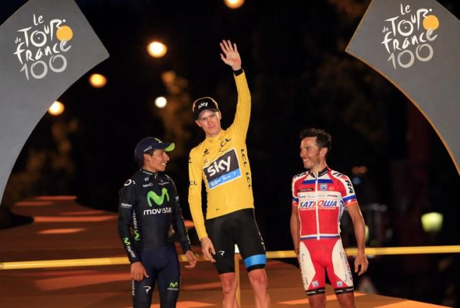 Nairo Quintana (Movistar), second overall, Chris Froome (Sky) winner Tour de France 2013, Joaquim Rodriguez (Katusha) third overall
