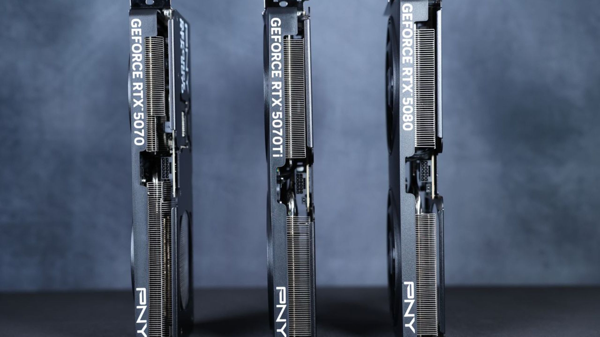 A side-on view of the PNY Slim RTX 50 Series GPUs