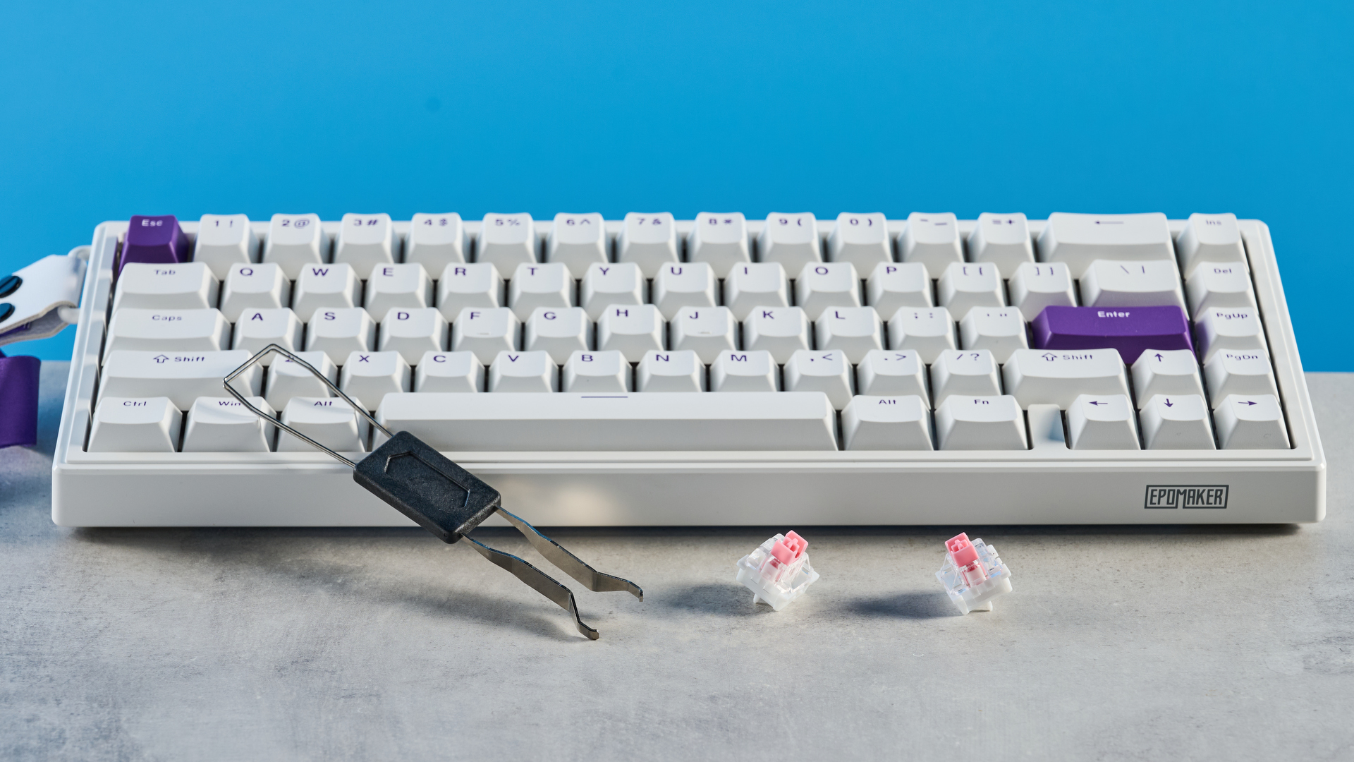 A white and purple Epomaker HE68 Hall Effect keyboard