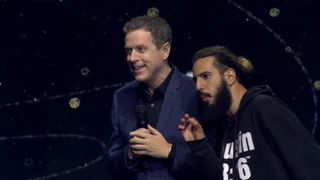 A stage invader and Geoff Keighley on stage at Gamescom Opening Night Live 2023